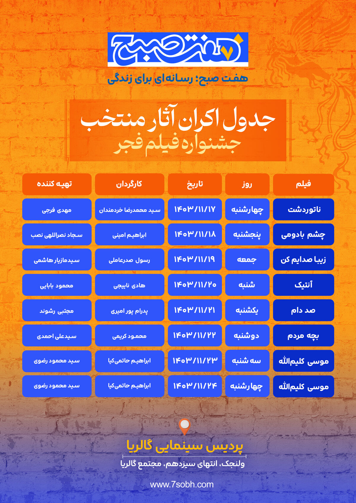 جدول اکران آثار منتخب جشنواره فیلم فجر در پردیس سینمایی گالریا